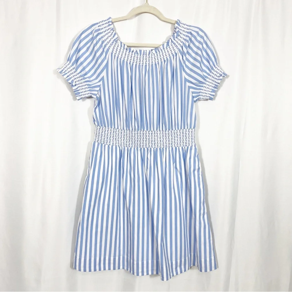 J. Crew Smocked Puff Sleeve Cotton Poplin Dress: Blue White Stripe Nautical - Picture 2 of 14